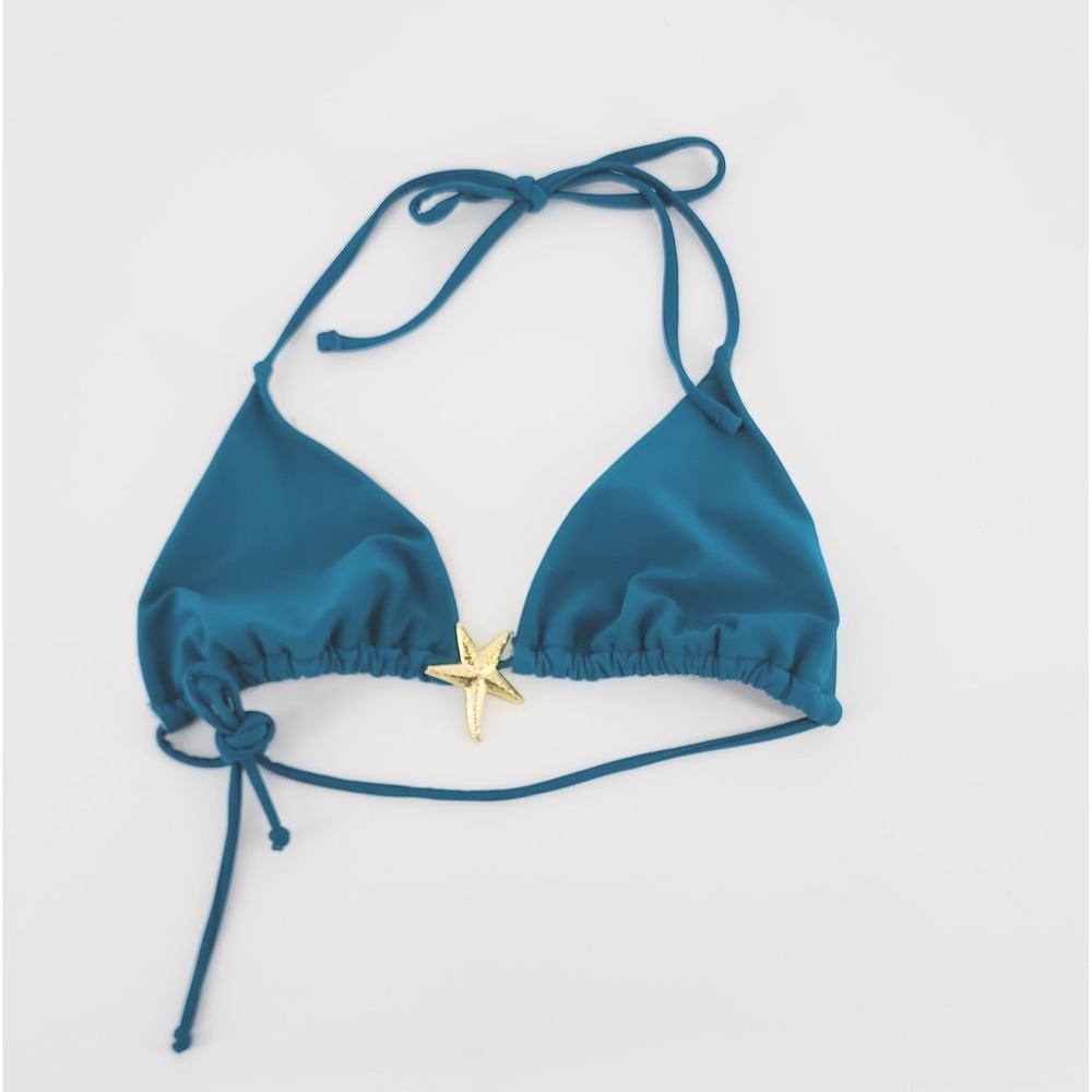 Teal Blue Starfish Triangle Bikini Top Gold Nautical Halter Swimwear Large